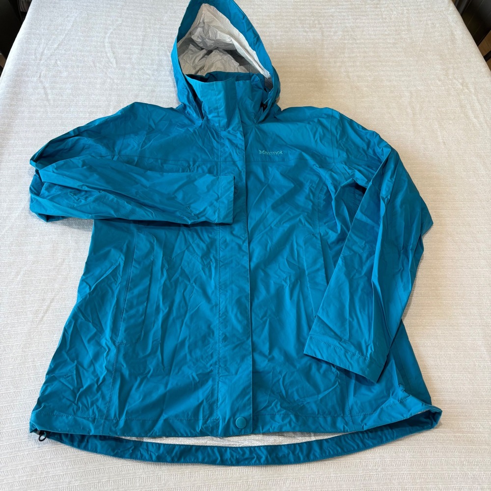 Marmot Womens PreCip Rain Jacket Teal Blue Hooded Waterproof Shell Large E46200